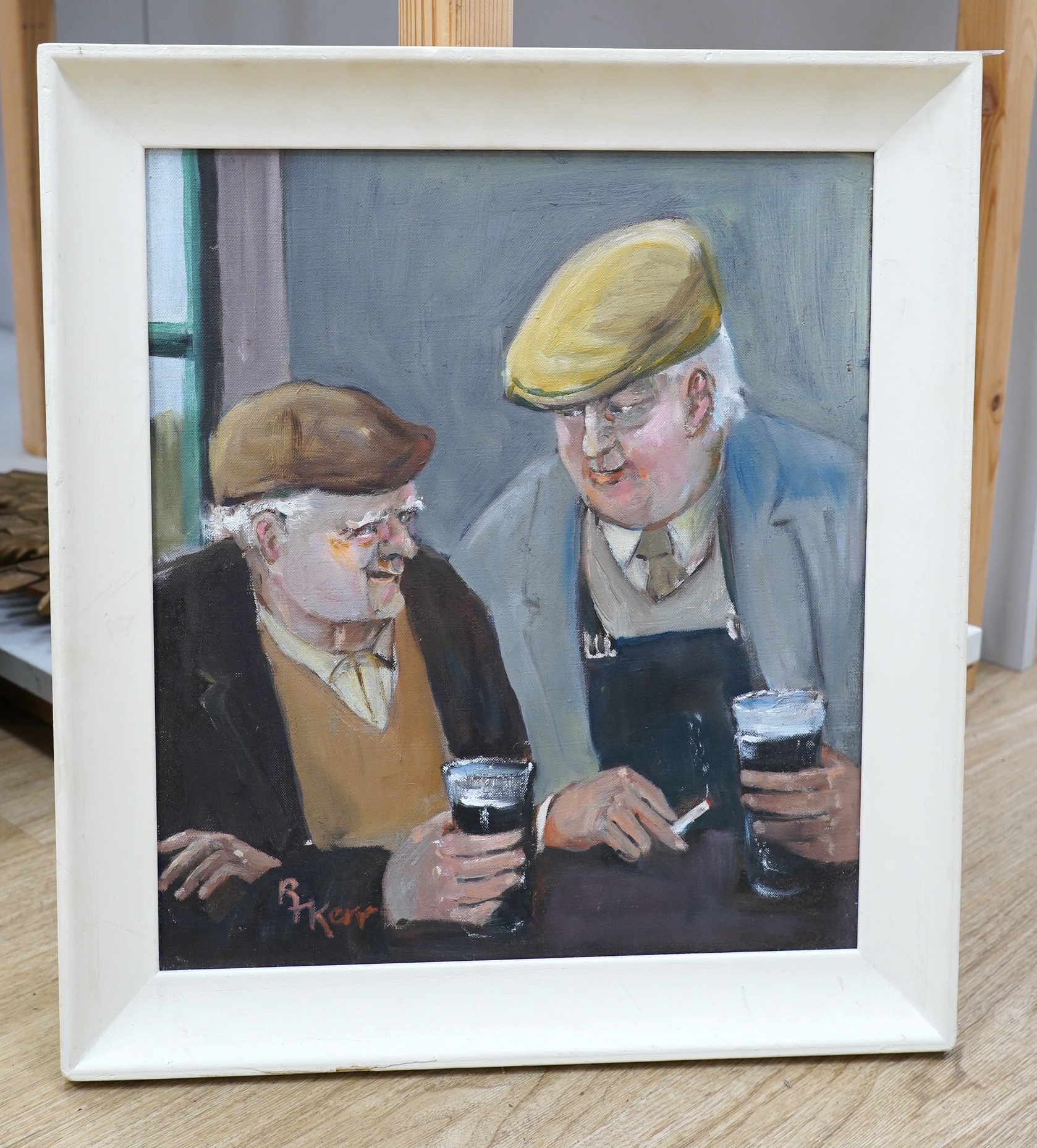 R Kerr (Irish), oil on canvas, Study of two figures drinking, signed, 39.5 x 34.5cm. Condition - good